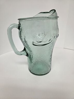 Coke Collectible Textured Glass Pitcher in Seafoam Green with Handle.
